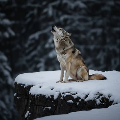 Lone Wolf Howling in Moonlight on Snow-Covered Cliff