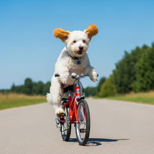 Adventurous White Dog Riding Bicycle | Playful Scene