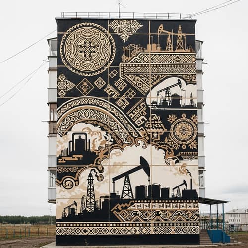 Ingush Ornament & Oil Production Mural on Five-Story Building