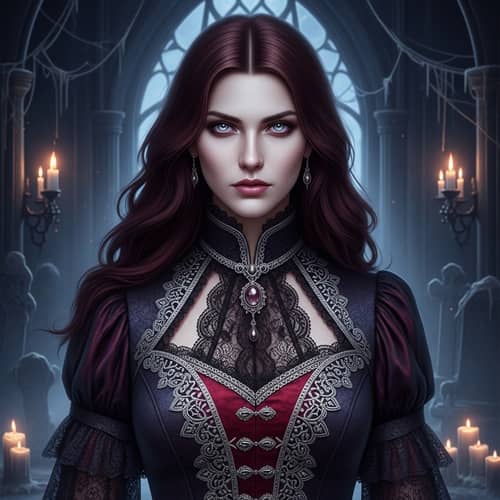 Stoic Vampire Woman in Gothic Attire with Dark Red Hair