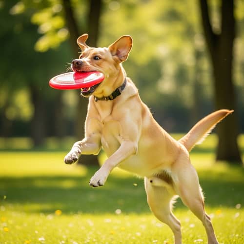 Playful Labrador Retriever Catching Frisbee in Green Park