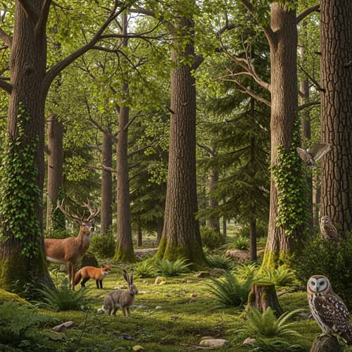 Tranquil Forest Teeming with Life - Ancient Trees, Wild Animals, Lush Greenery