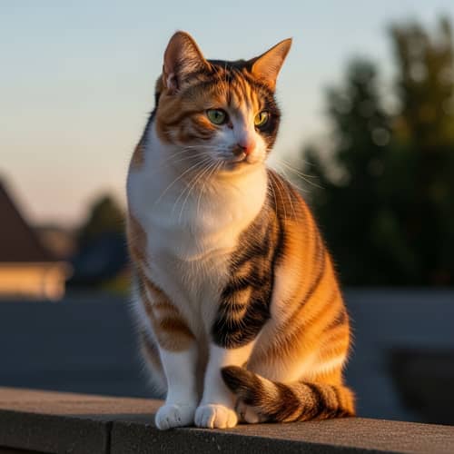 Calico Cat Perched on Garden Wall at Sunset