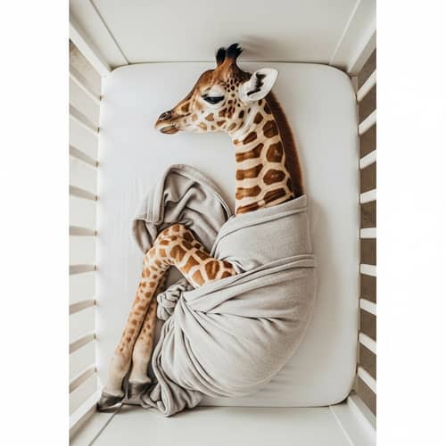 Adorable Baby Giraffe Sleeping Safely Swaddled in Crib