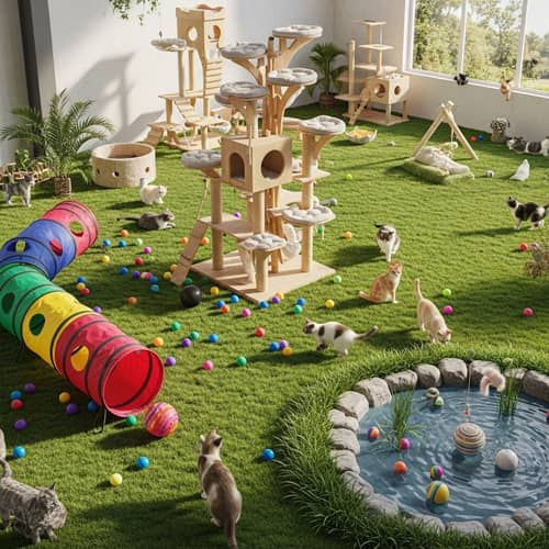 Cat Playground with Multilevel Tree & Colorful Tunnel