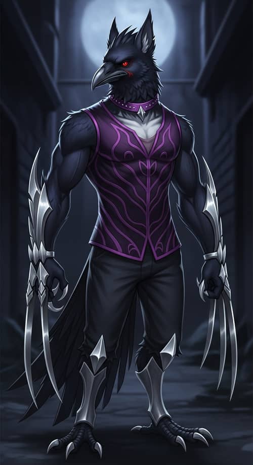 Anthropomorphic Crow with Sharp Feathers and Fiery Eyes