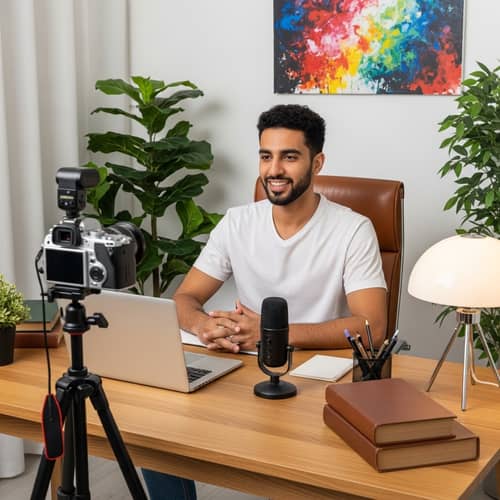 YouTube Vlog Setup: Sophisticated Camera, Microphone, and Stylish Décor