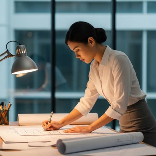 Asian Female Architect Working at Drafting Table | Professional Attire