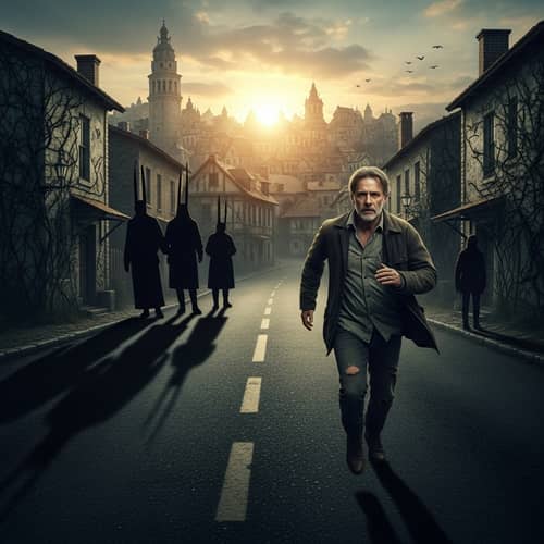 Haunted Past: Middle-aged Man Sprinting Towards Mysterious Town