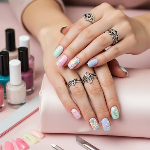 Beautifully Manicured Hands with Pastel Nails and Silver Rings