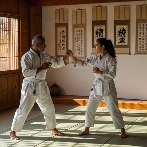 Martial Arts Spar: South Asian Man vs Hispanic Woman in Traditional Dojo