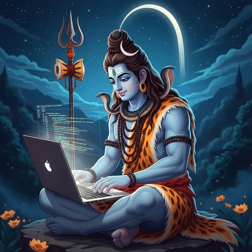 Lord Shiva Coding with JavaScript - Ancient Divinity Embraces Tech
