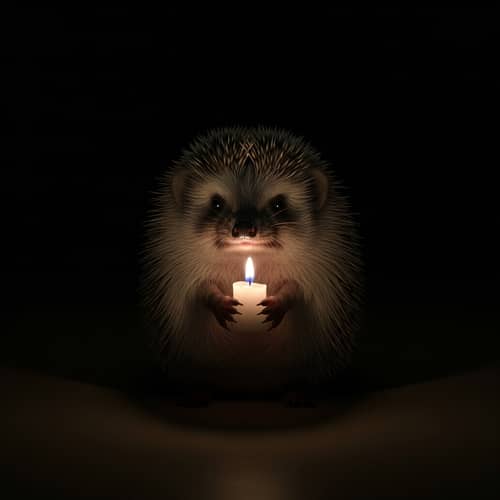 Fearful Hedgehog Clutching Candle in Darkness