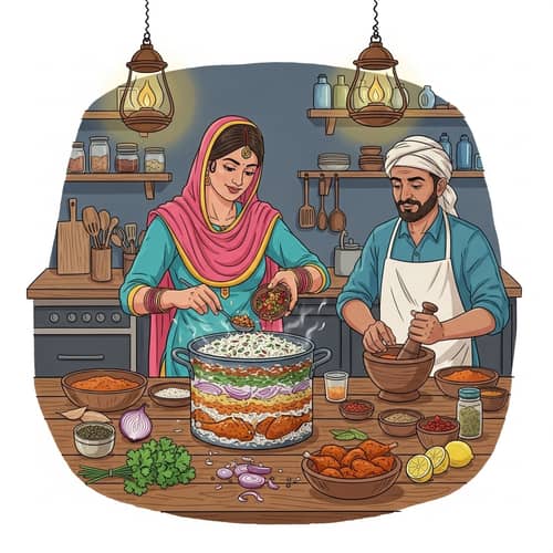 Vibrant South Asian Kitchen Scene with Spices and Ingredients