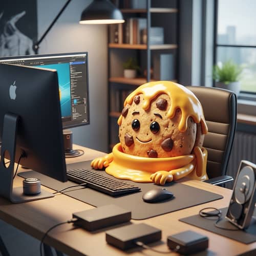 Golden Brown Cookie in Cheese Sauce | Office Workspace Setting