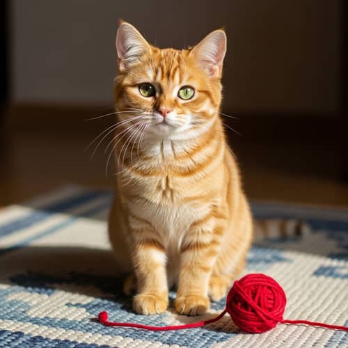 Vibrant Yellow Cat with Emerald Green Eyes | Playful Feline on a Blue-White Rug