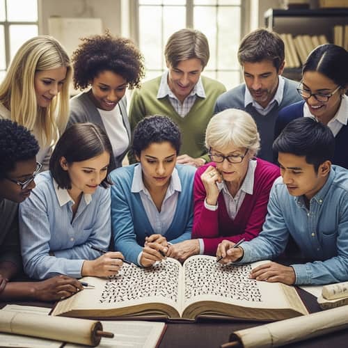 Diverse Group Studying Ancient Latin Script | Study Group Setting