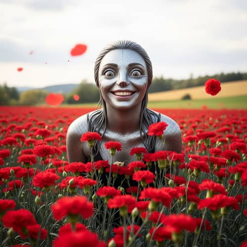 Sardine Woman Smiling in Red Carnation Field