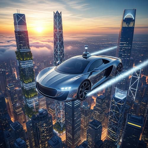 Futuristic Flying Car Soaring Over Cityscape