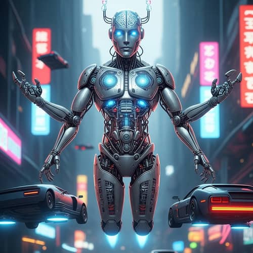Futuristic Levitating Robot Artwork | Metallic Silver