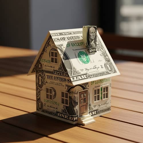 Intricately Crafted Miniature Dollar Bill House on Wooden Table