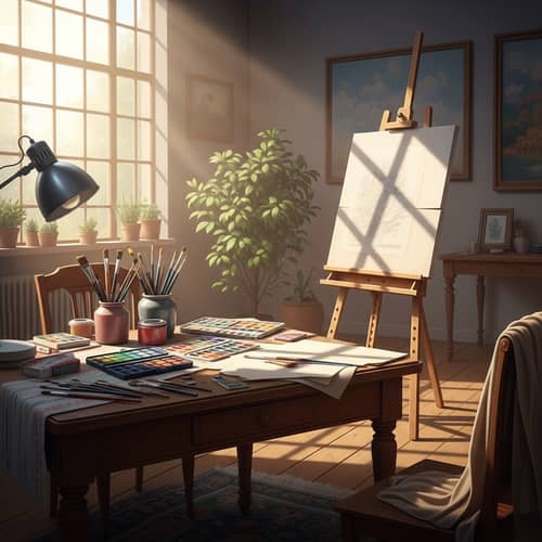 Tranquil Setting of Artistic Creativity | Art Supplies on Antique Table