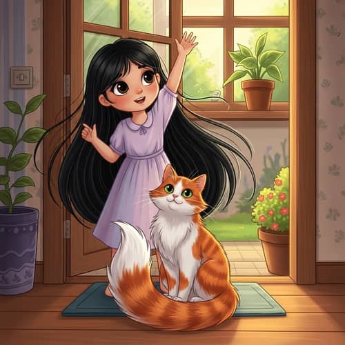 Girl Waving Goodbye to Ginger Cat | Digital Illustration