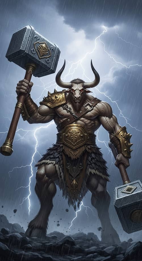 Powerful Minotaur in Thunderstorm | Mythic Hammer Warrior