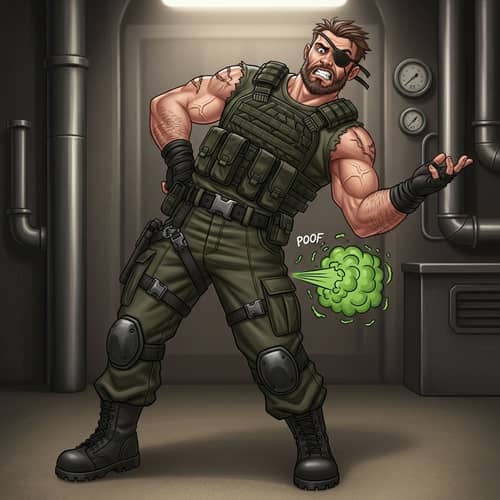 Muscular Man in Combat Outfit with Eye-Patch in Humorous Pose