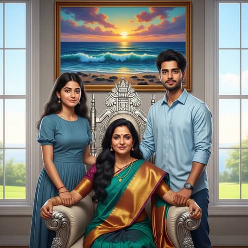 Realistic Family Picture: South Asian Mother & Children in Vibrant Room Setting