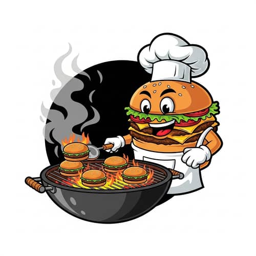Happy Burger Chef Cooking Delicious Hamburgers | Burger Kitchen Logo