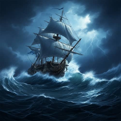 17th Century Ship Battling Nocturnal Storm - Historical Genre Painting