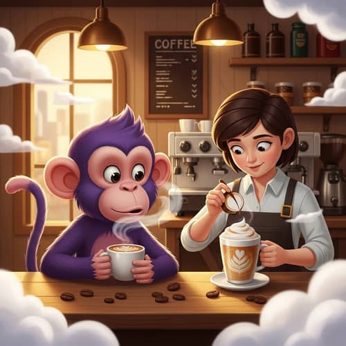 Animated Purple Monkey in Enchanting Coffee Shop Scene