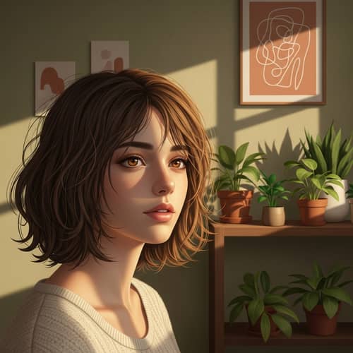 Girl with Brown Hair and Honey-Colored Eyes in Aesthetic Environment