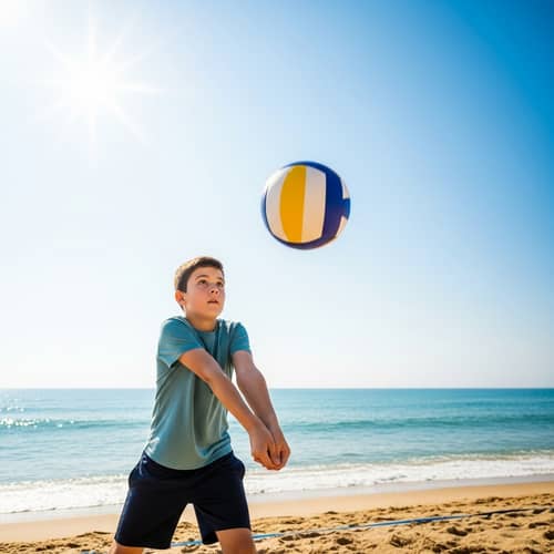 Young Boy Playing Volleyball on Sunny Beach | Athletic Kid Volleyball Gameplay