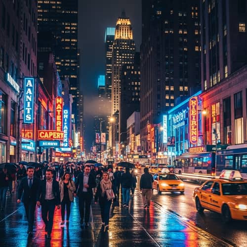 Bustling Night Pedestrian Sidewalk Among Skyscrapers