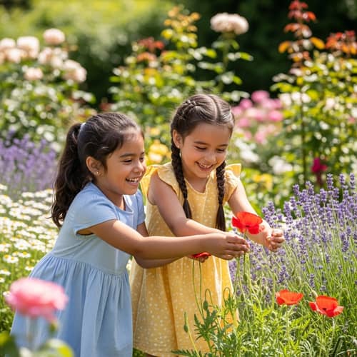 Cheerful Hispanic Girls Playing in Blooming Garden