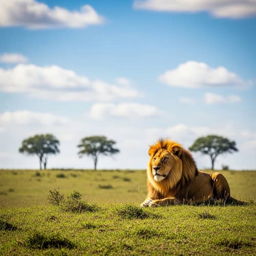 Majestic Lion on Grass Hill | Serene Natural Landscape