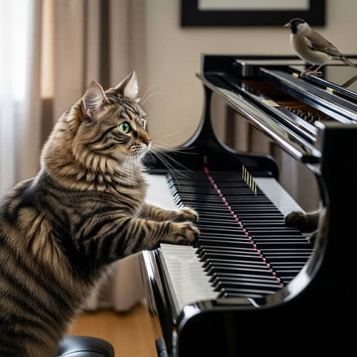 Playful Tabby Cat and Piano Performance