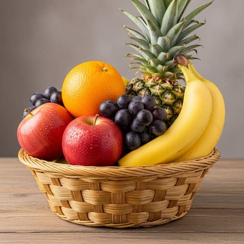 Exquisite Fruit Basket with Fresh, Juicy Fruits on Wooden Table