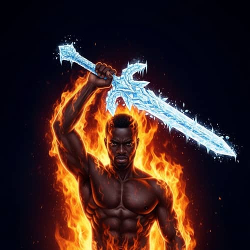Black Man with Fire Aura Holding Ice Sword
