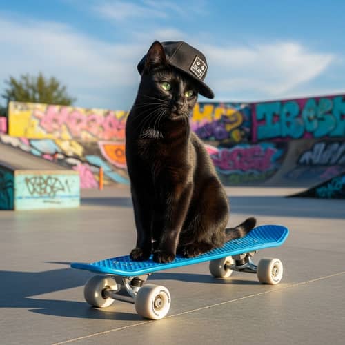 Adventurous Black Cat Skateboarding | Skate Park Scene