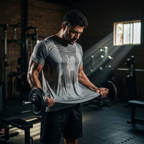 Intense Workout of a Muscular Man in a Dim Gym