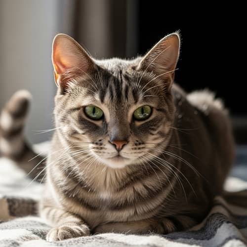 Domestic Cat with Triangular Face and Grey Coat | Relaxing Pose on Blanket