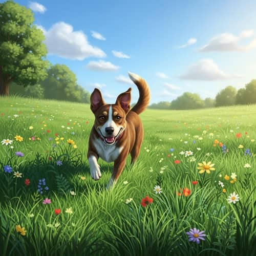 Playful Medium-Sized Brindle Dog in Lush Meadow | Friendly Nature