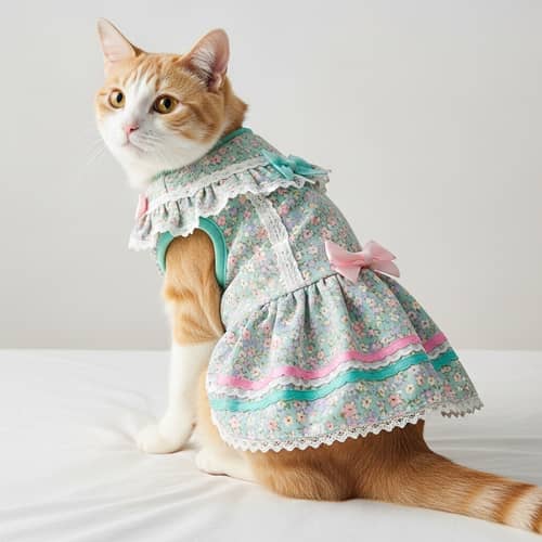 Charming Domestic Cat in Pastel Dress | Unique and Whimsical