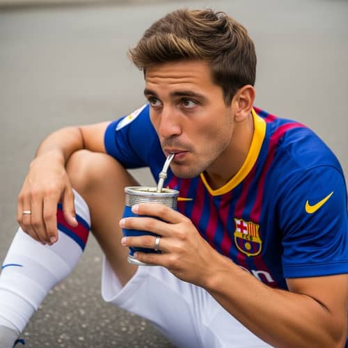Hispanic Football Player Drinking Yerba Mate in Blue and Red Jersey