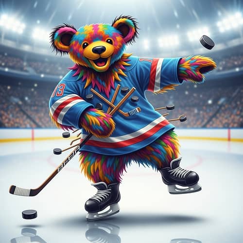 Colorful Grateful Dead Bear in Ice Hockey Pose