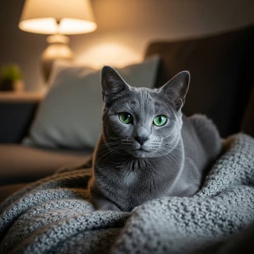 Russian Blue Cat Sitting Comfortably in a Cozy Living Room