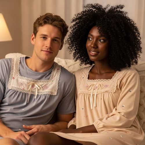 Cozy Nightwear: Young Couple in Matching Nightdresses